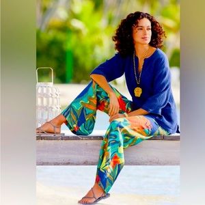 Soft Surroundings Green Tropical Linen Wide Leg Pull On Pants Size L Petite NEW